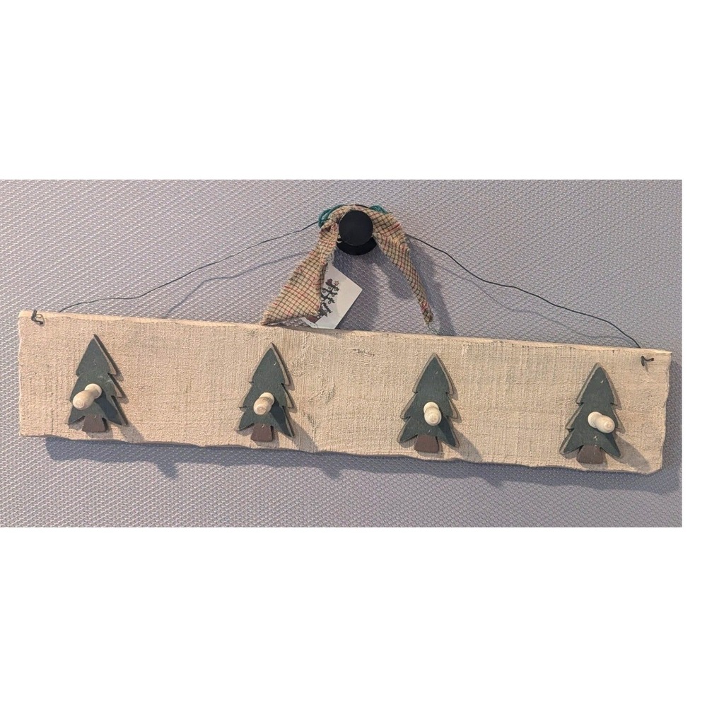 Rustic Wooden Christmas Tree Wall Rack 4 Pegs Primitive Farmhouse Decor Hanger
